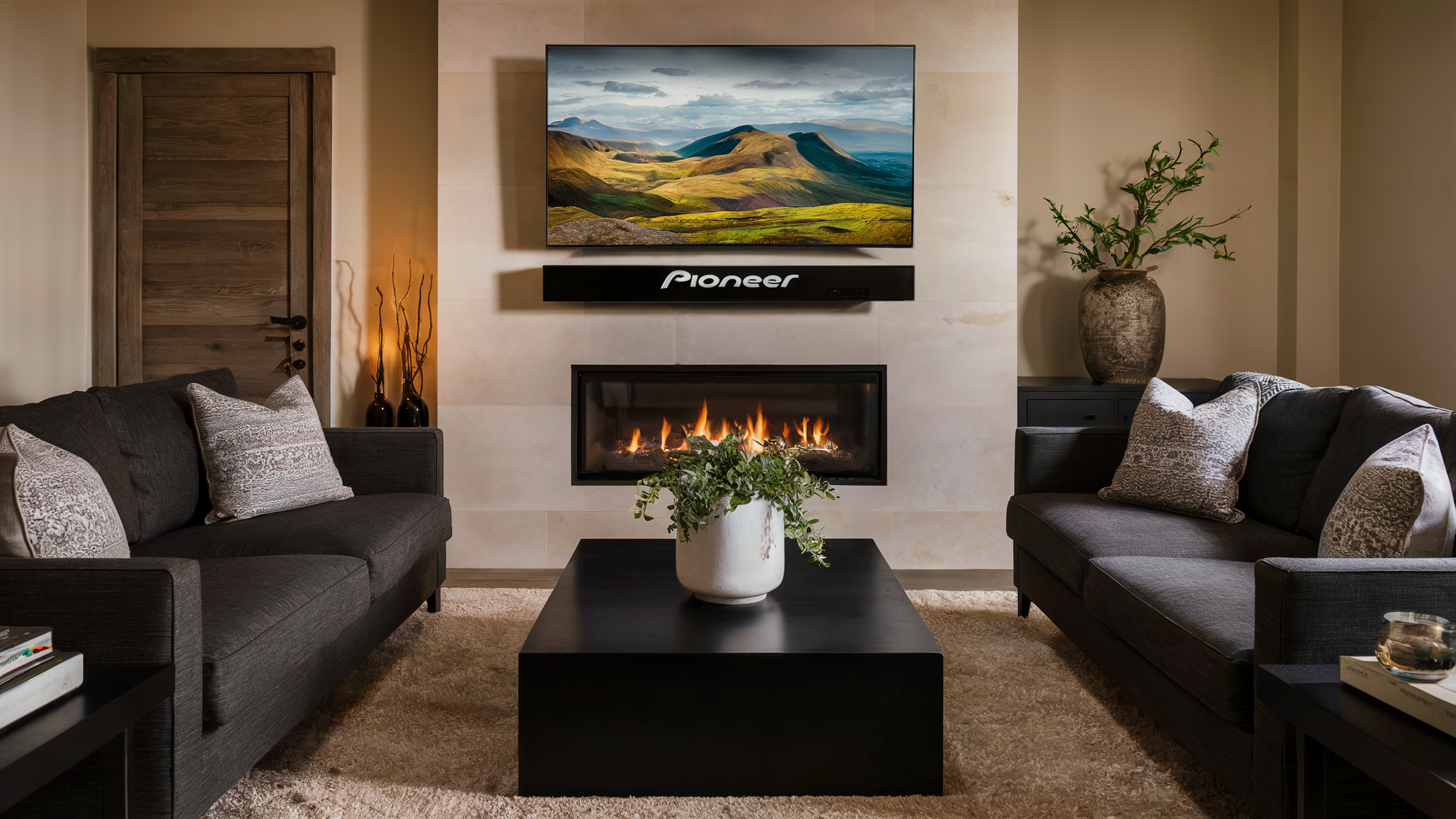 Classy living room with fireplace and Pioneer television on the wall.